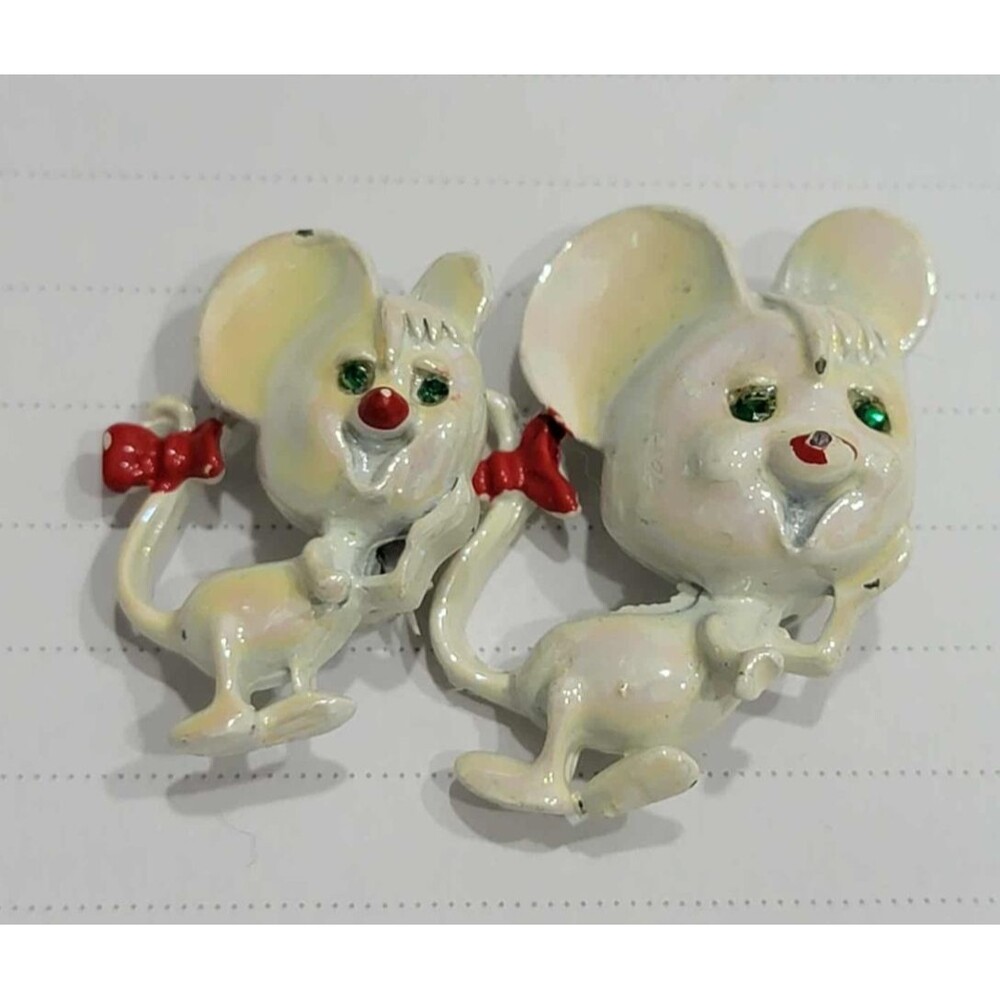 Vintage Lot of 2 -  Gerry's iridescent pearl Enamel Mouse Mice Brooch Pin